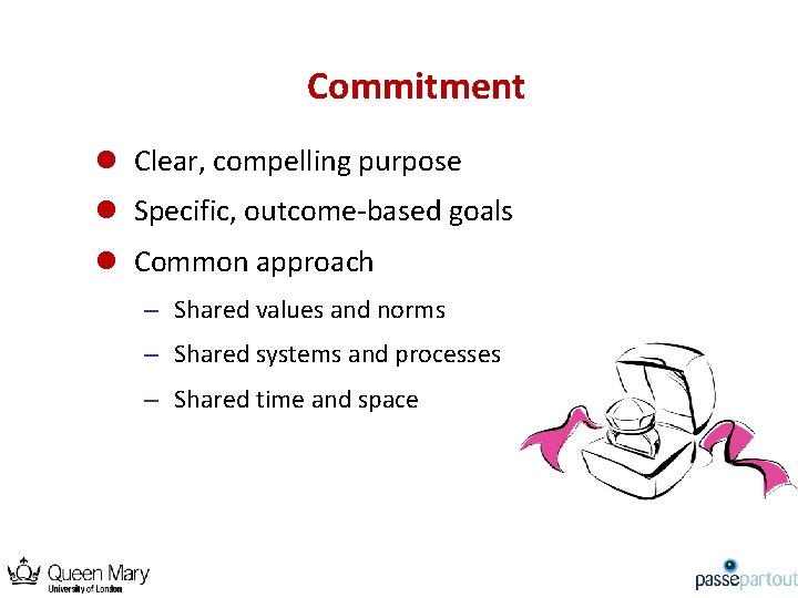 Commitment l Clear, compelling purpose l Specific, outcome-based goals l Common approach – Shared