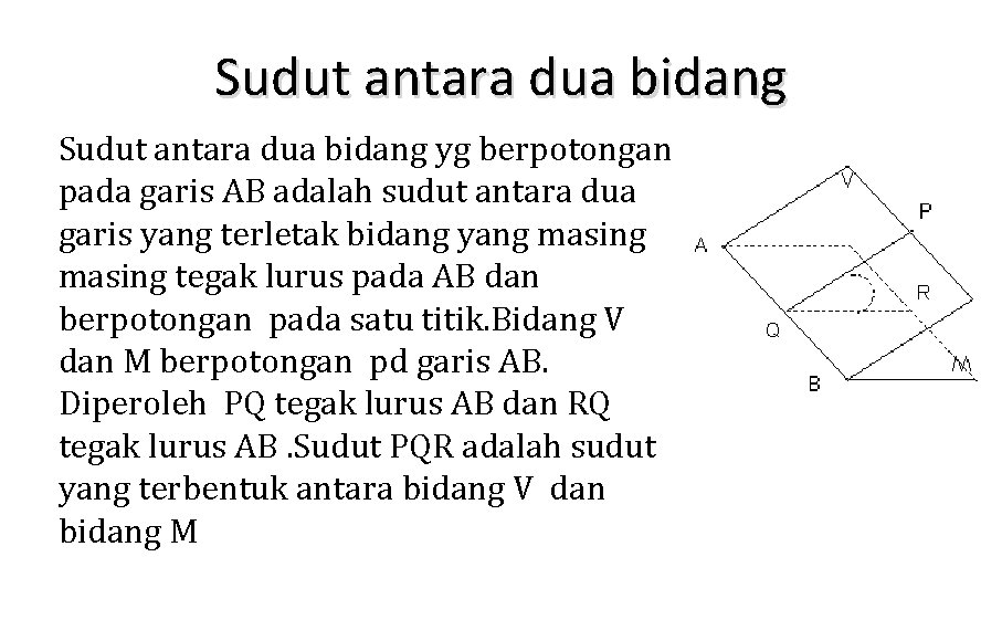 Sudut antara dua bidang yg berpotongan pada garis AB adalah sudut antara dua garis