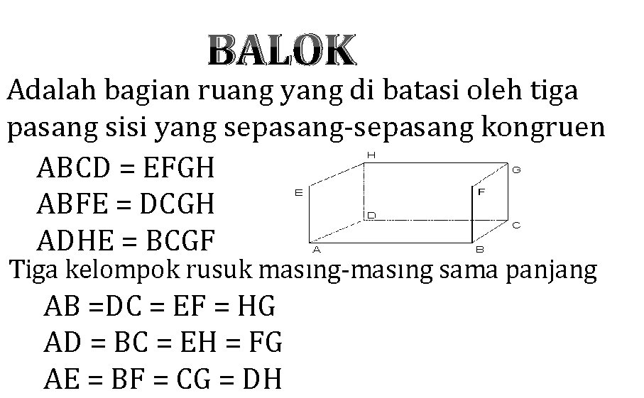BALOK Adalah bagian ruang yang di batasi oleh tiga pasang sisi yang sepasang-sepasang kongruen