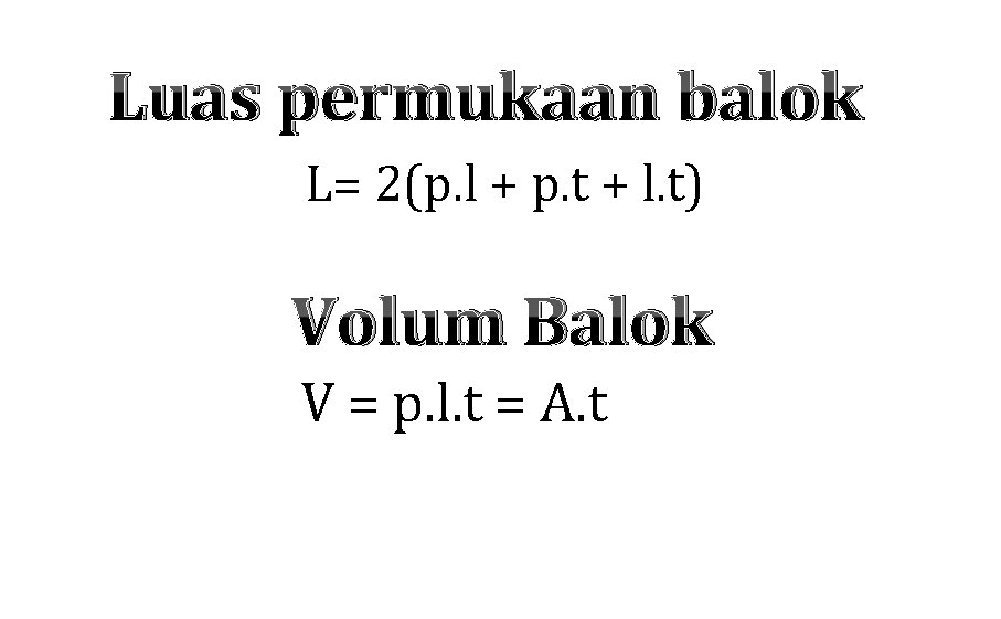 Luas permukaan balok L= 2(p. l + p. t + l. t) Volum Balok