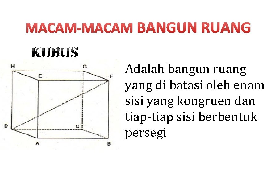 MACAM-MACAM BANGUN RUANG KUBUS Adalah bangun ruang yang di batasi oleh enam sisi yang