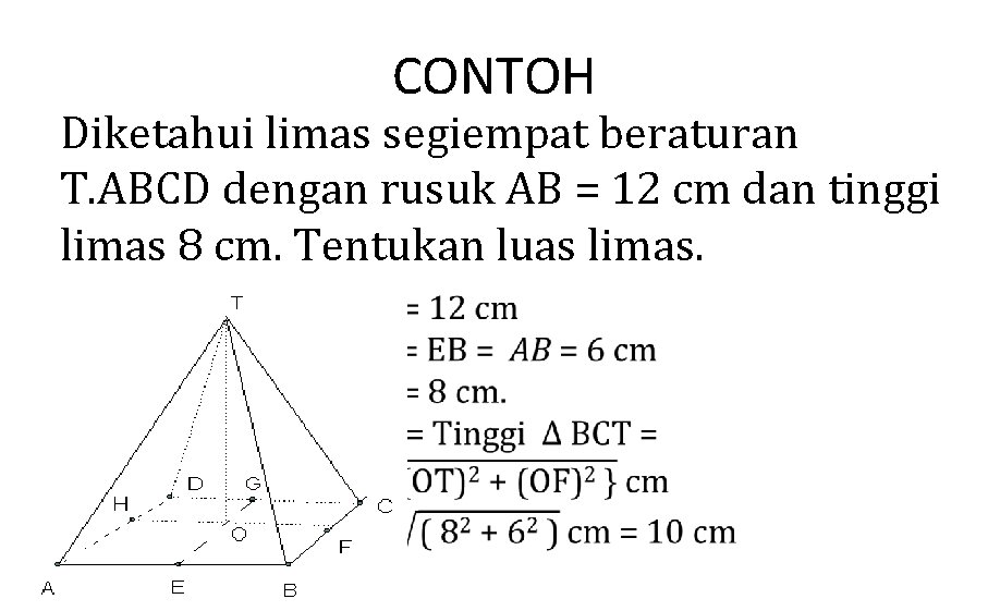 CONTOH Diketahui limas segiempat beraturan T. ABCD dengan rusuk AB = 12 cm dan