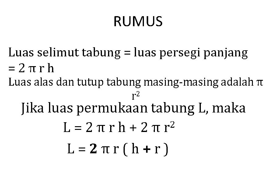 RUMUS Luas selimut tabung = luas persegi panjang = 2 π r h Luas