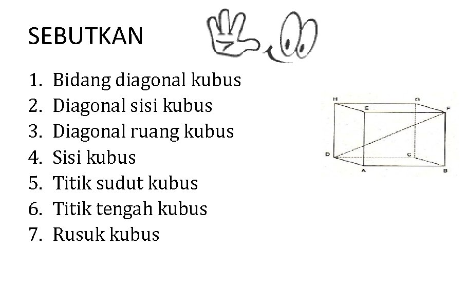 SEBUTKAN 1. 2. 3. 4. 5. 6. 7. Bidang diagonal kubus Diagonal sisi kubus
