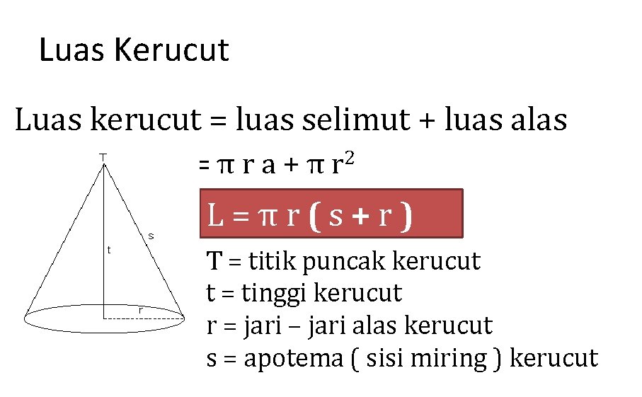 Luas Kerucut Luas kerucut = luas selimut + luas alas L = π r