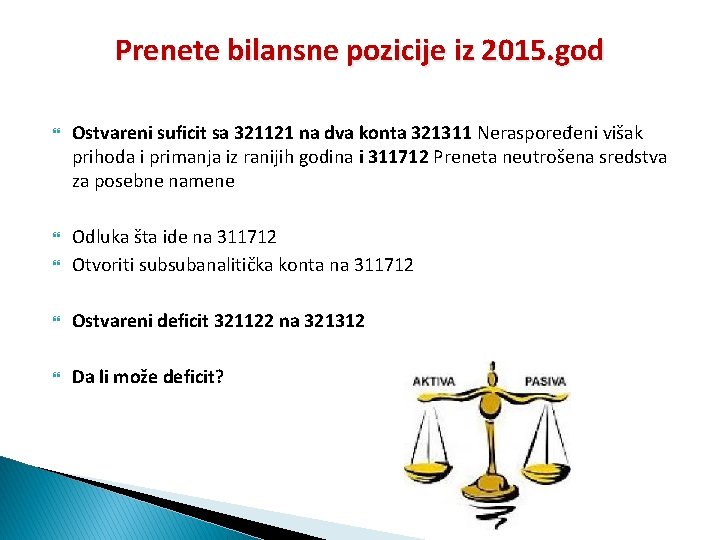Prenete bilansne pozicije iz 2015. god Ostvareni suficit sa 321121 na dva konta 321311 Prenete bilansne pozicije iz 2015. god Ostvareni suficit sa 321121 na dva konta 321311