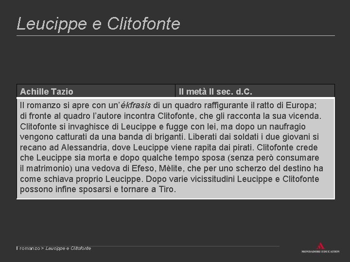 Leucippe e Clitofonte Achille Tazio II metà II sec. d. C. Il romanzo si