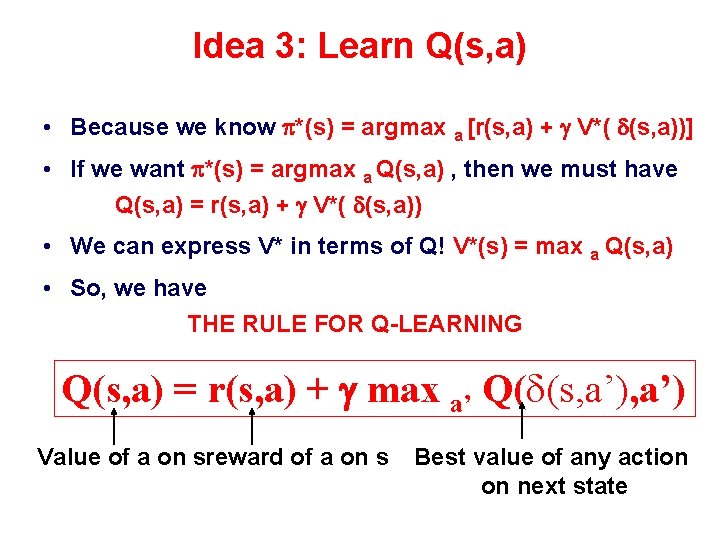 Idea 3: Learn Q(s, a) • Because we know *(s) = argmax a [r(s,