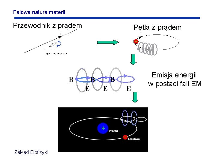 Falowa natura materii Przewodnik z prądem Pętla z prądem B B E Zakład Biofizyki