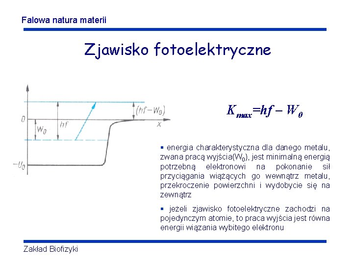 Falowa natura materii Zjawisko fotoelektryczne Kmax=hf – W 0 § energia charakterystyczna dla danego