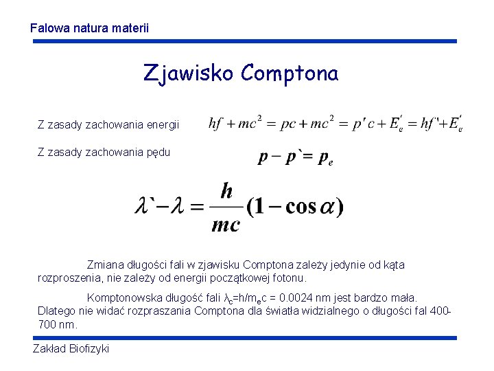 Falowa natura materii Zjawisko Comptona Z zasady zachowania energii Z zasady zachowania pędu Zmiana