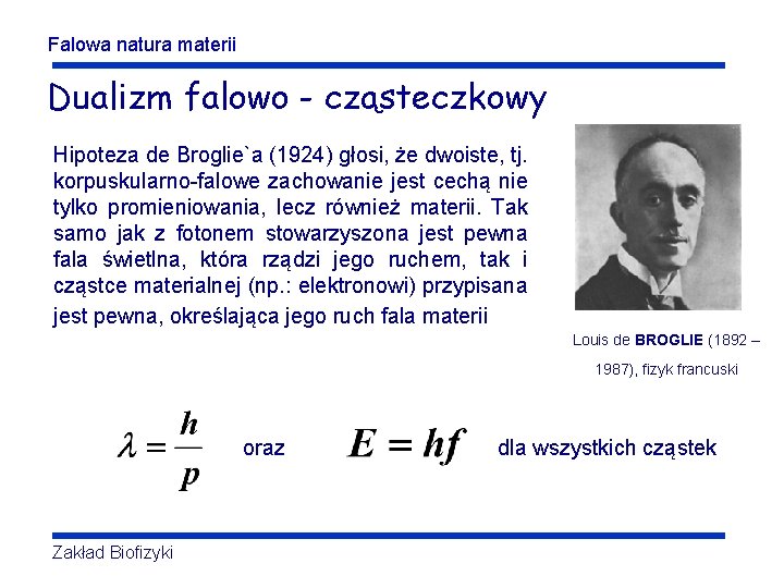 Falowa natura materii Dualizm falowo - cząsteczkowy Hipoteza de Broglie`a (1924) głosi, że dwoiste,