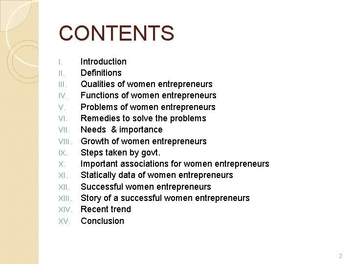 CONTENTS Introduction II. Definitions III. Qualities of women entrepreneurs IV. Functions of women entrepreneurs