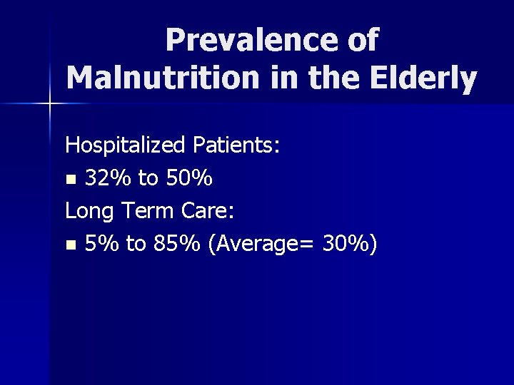 Prevalence of Malnutrition in the Elderly Hospitalized Patients: n 32% to 50% Long Term