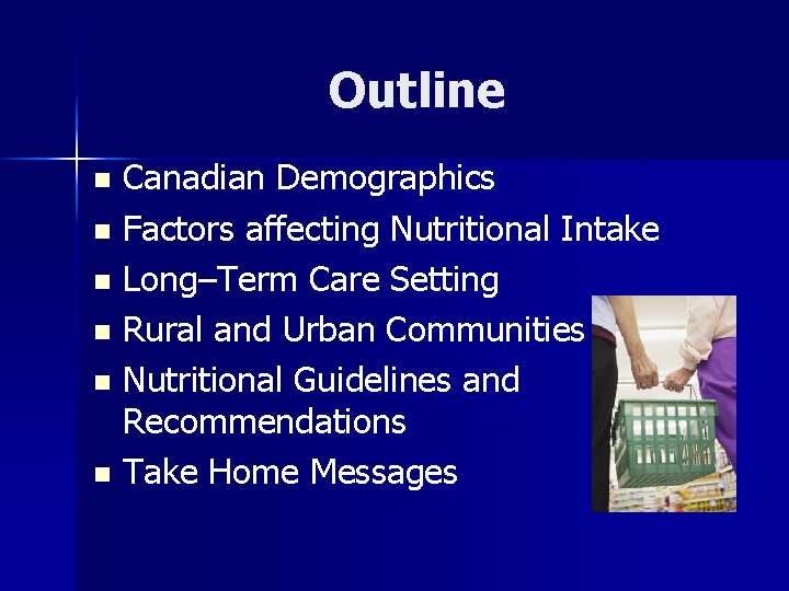 Outline Canadian Demographics n Factors affecting Nutritional Intake n Long–Term Care Setting n Rural