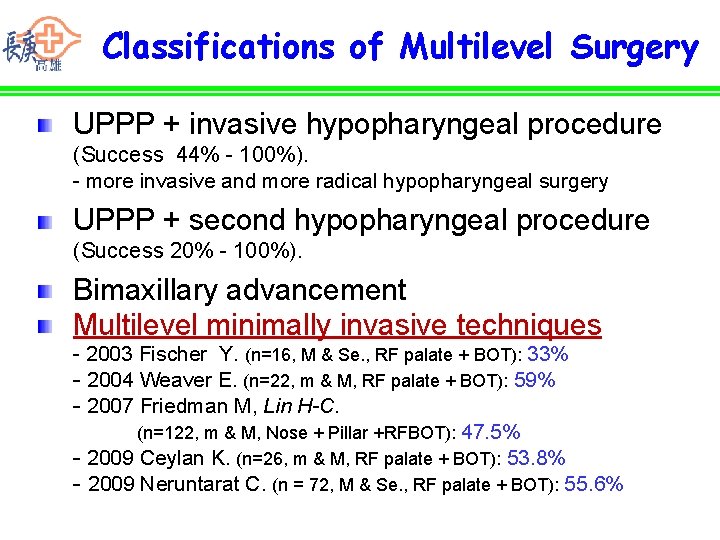 Classifications of Multilevel Surgery UPPP + invasive hypopharyngeal procedure (Success 44% - 100%). -