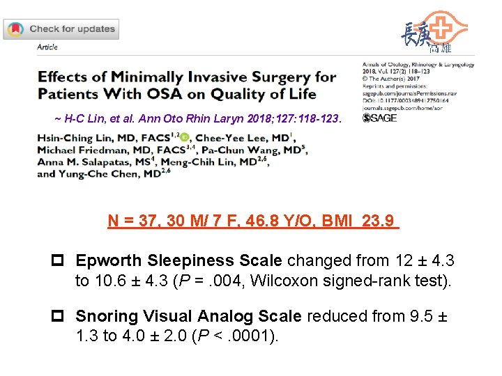 ~ H-C Lin, et al. Ann Oto Rhin Laryn 2018; 127: 118 -123. N