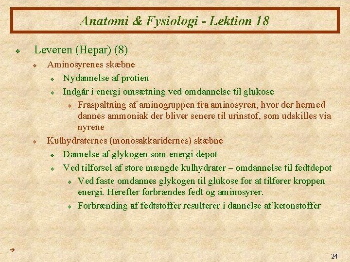 Anatomi & Fysiologi - Lektion 18 v Leveren (Hepar) (8) v v Aminosyrenes skæbne