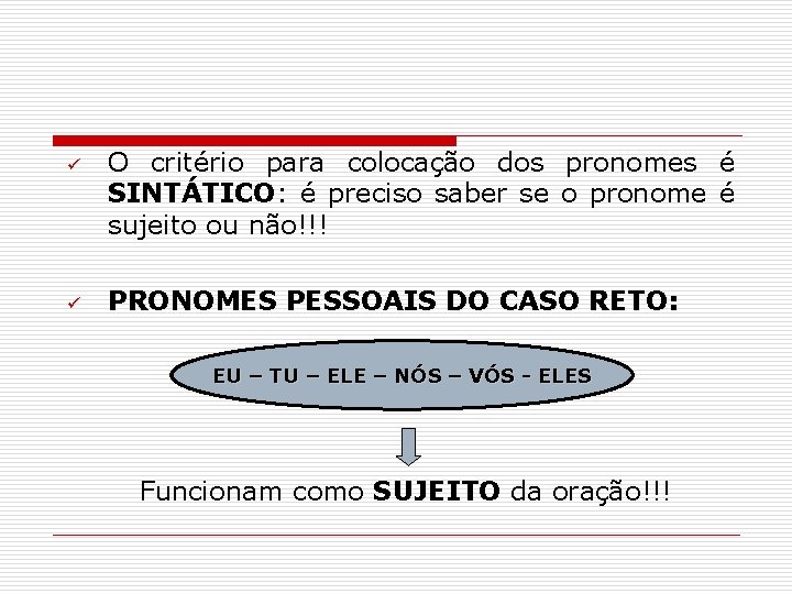 ü ü O critério para colocação dos pronomes é SINTÁTICO: é preciso saber se