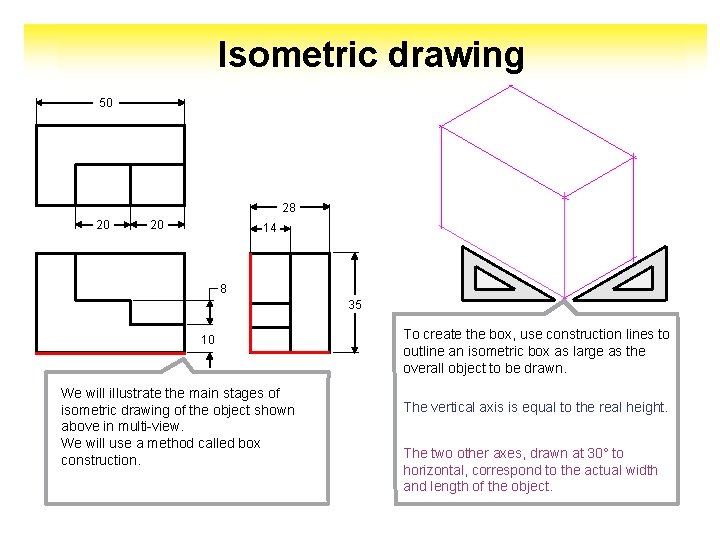 Isometric drawing 50 28 20 20 14 8 35 10 We will illustrate the