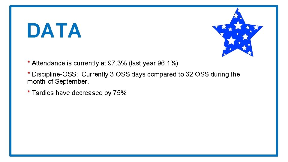 DATA * Attendance is currently at 97. 3% (last year 96. 1%) * Discipline-OSS: