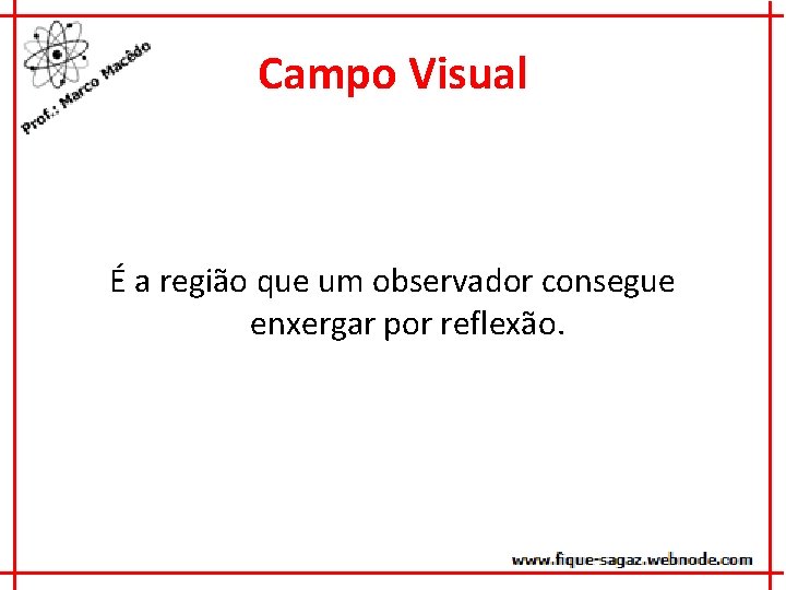 Campo Visual É a região que um observador consegue enxergar por reflexão. 