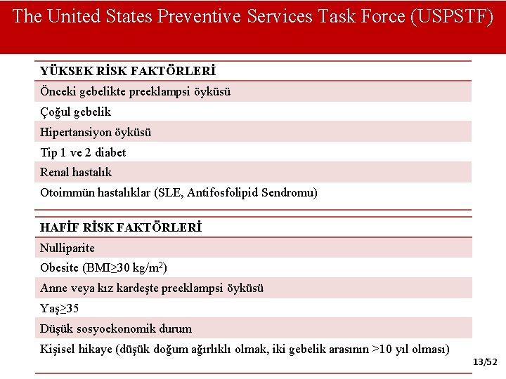 The United States Preventive Services Task Force (USPSTF) YÜKSEK RİSK FAKTÖRLERİ Önceki gebelikte preeklampsi