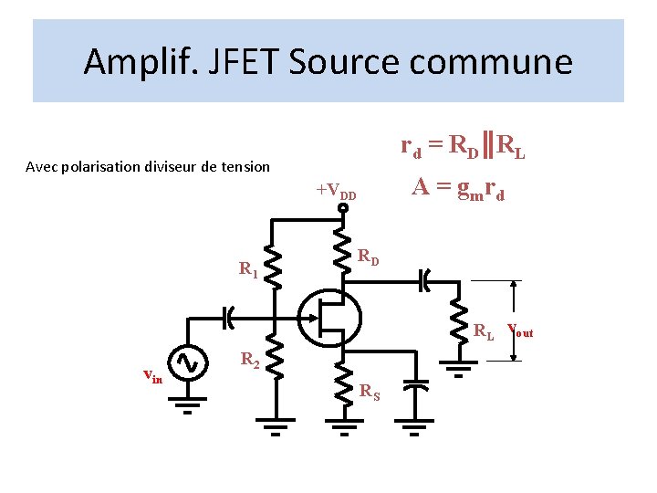 Amplif. JFET Source commune r d = R D RL Avec polarisation diviseur de Amplif. JFET Source commune r d = R D RL Avec polarisation diviseur de