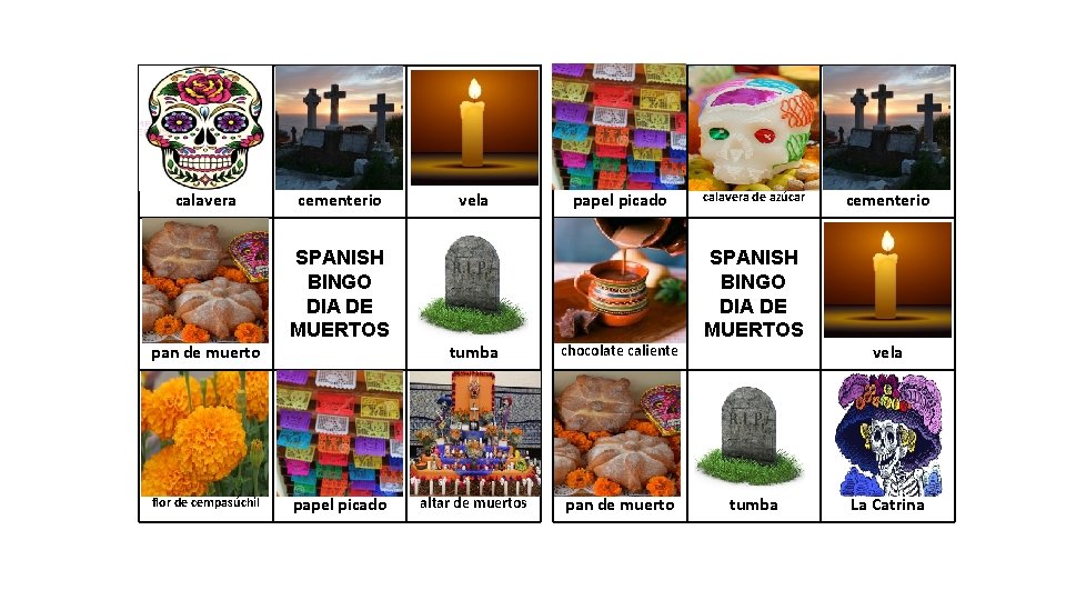 calavera cementerio vela papel picado SPANISH BINGO DIA DE MUERTOS pan de muerto flor