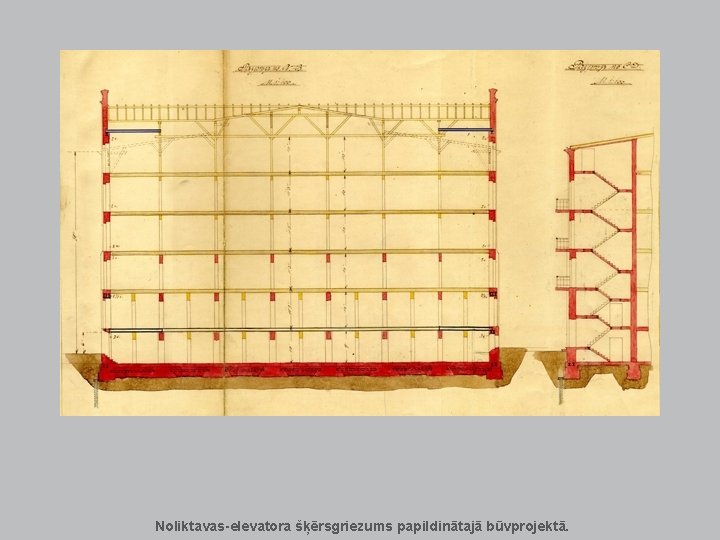 Noliktavas-elevatora šķērsgriezums papildinātajā būvprojektā. Noliktavas-elevatora šķērsgriezums papildinātajā būvprojektā.
