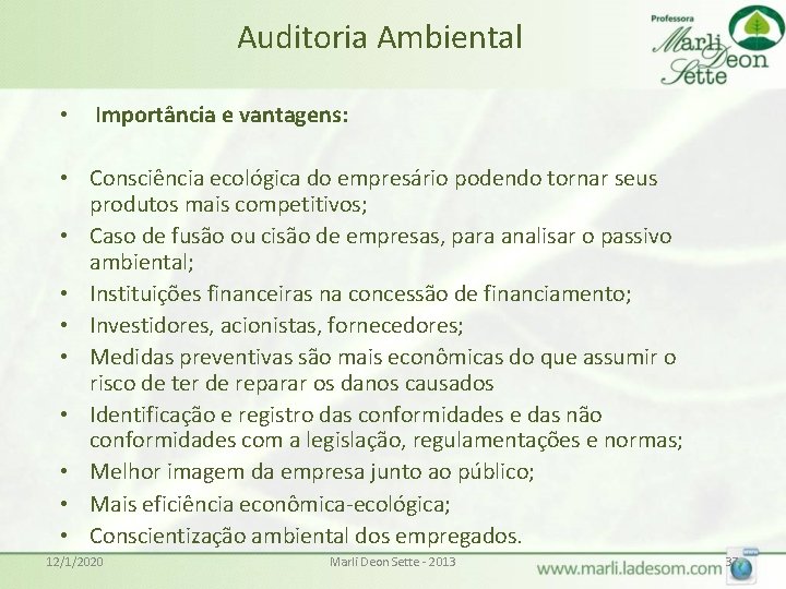 Auditoria Ambiental • Importância e vantagens: • Consciência ecológica do empresário podendo tornar seus
