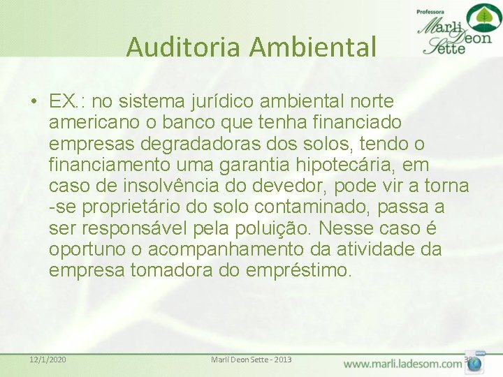 Auditoria Ambiental • EX. : no sistema jurídico ambiental norte americano o banco que