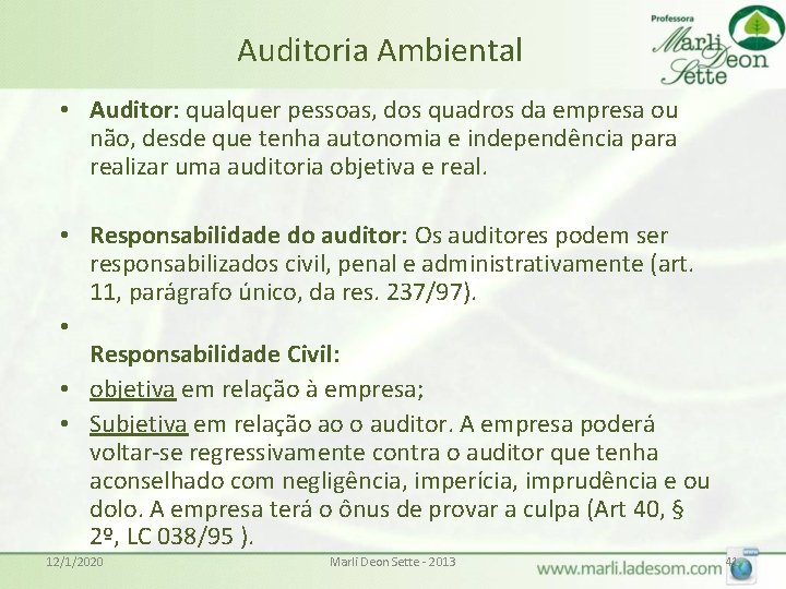 Auditoria Ambiental • Auditor: qualquer pessoas, dos quadros da empresa ou não, desde que