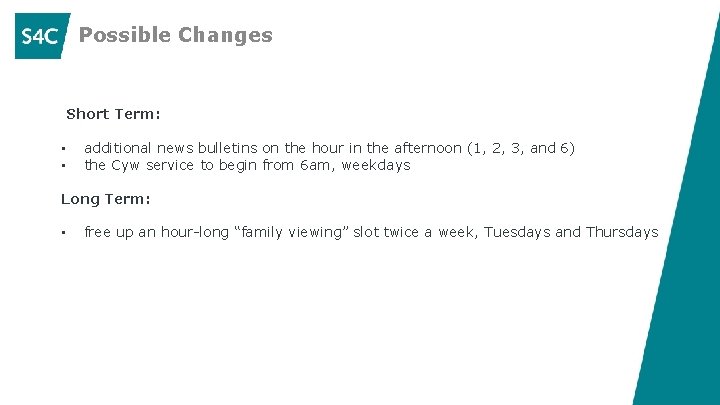 Possible Changes Short Term: • • additional news bulletins on the hour in the