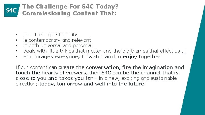 The Challenge For S 4 C Today? Commissioning Content That: • • • is