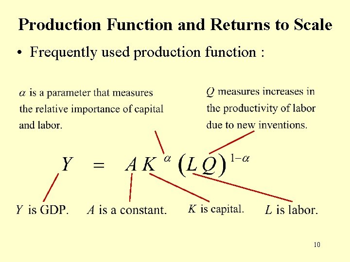 Production Function and Returns to Scale • Frequently used production function : 10 