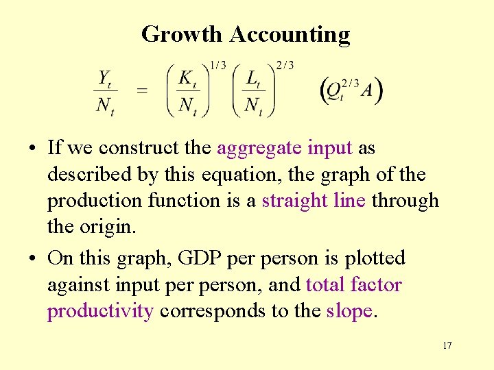 Growth Accounting • If we construct the aggregate input as described by this equation,