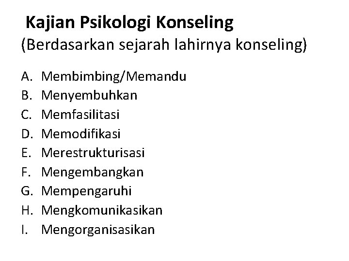 Kajian Psikologi Konseling (Berdasarkan sejarah lahirnya konseling) A. B. C. D. E. F. G.
