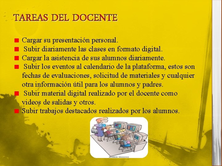 TAREAS DEL DOCENTE Cargar su presentación personal. Subir diariamente las clases en formato digital.