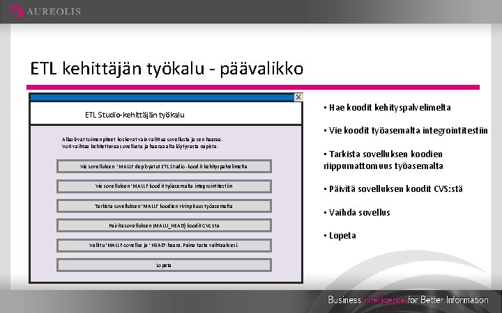 ETL kehittäjän työkalu - päävalikko ETL Studio-kehittäjän työkalu Allaolevat toimenpiteet koskevat vain valittua sovellusta