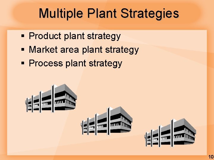 Multiple Plant Strategies § Product plant strategy § Market area plant strategy § Process Multiple Plant Strategies § Product plant strategy § Market area plant strategy § Process