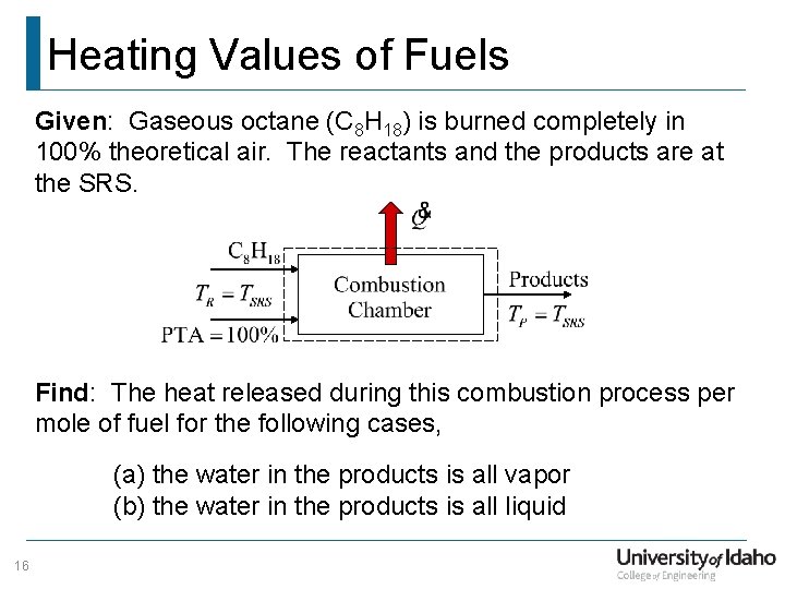 Heating Values of Fuels Given: Gaseous octane (C 8 H 18) is burned completely