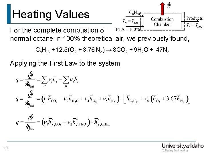 Heating Values For the complete combustion of normal octane in 100% theoretical air, we