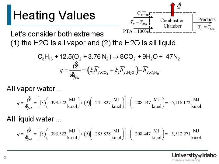 Heating Values Let’s consider both extremes (1) the H 2 O is all vapor