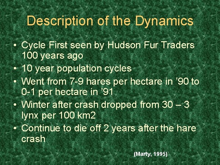 Description of the Dynamics • Cycle First seen by Hudson Fur Traders 100 years