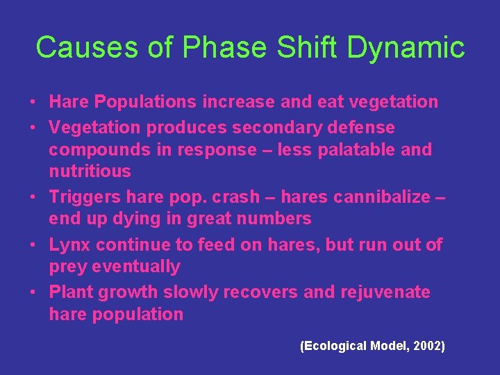 Causes of Phase Shift Dynamic • Hare Populations increase and eat vegetation • Vegetation