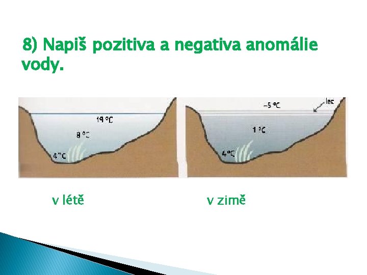 8) Napiš pozitiva a negativa anomálie vody. v létě v zimě 