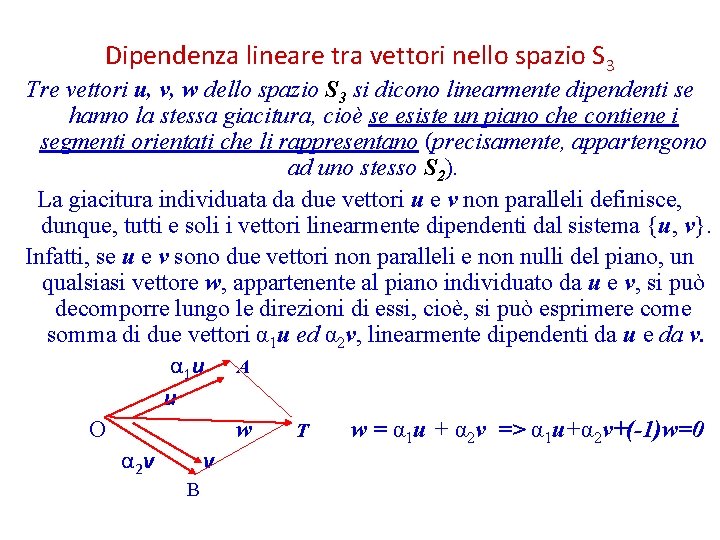 Dipendenza lineare tra vettori nello spazio S 3 Tre vettori u, v, w dello