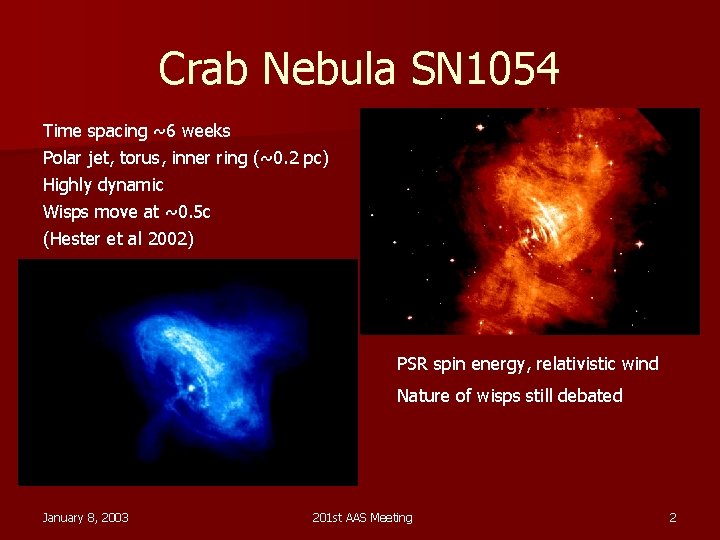 Crab Nebula SN 1054 Time spacing ~6 weeks Polar jet, torus, inner ring (~0.