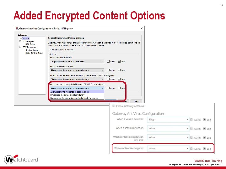 12 Added Encrypted Content Options Watch. Guard Training Copyright © 2017 Watch. Guard Technologies,